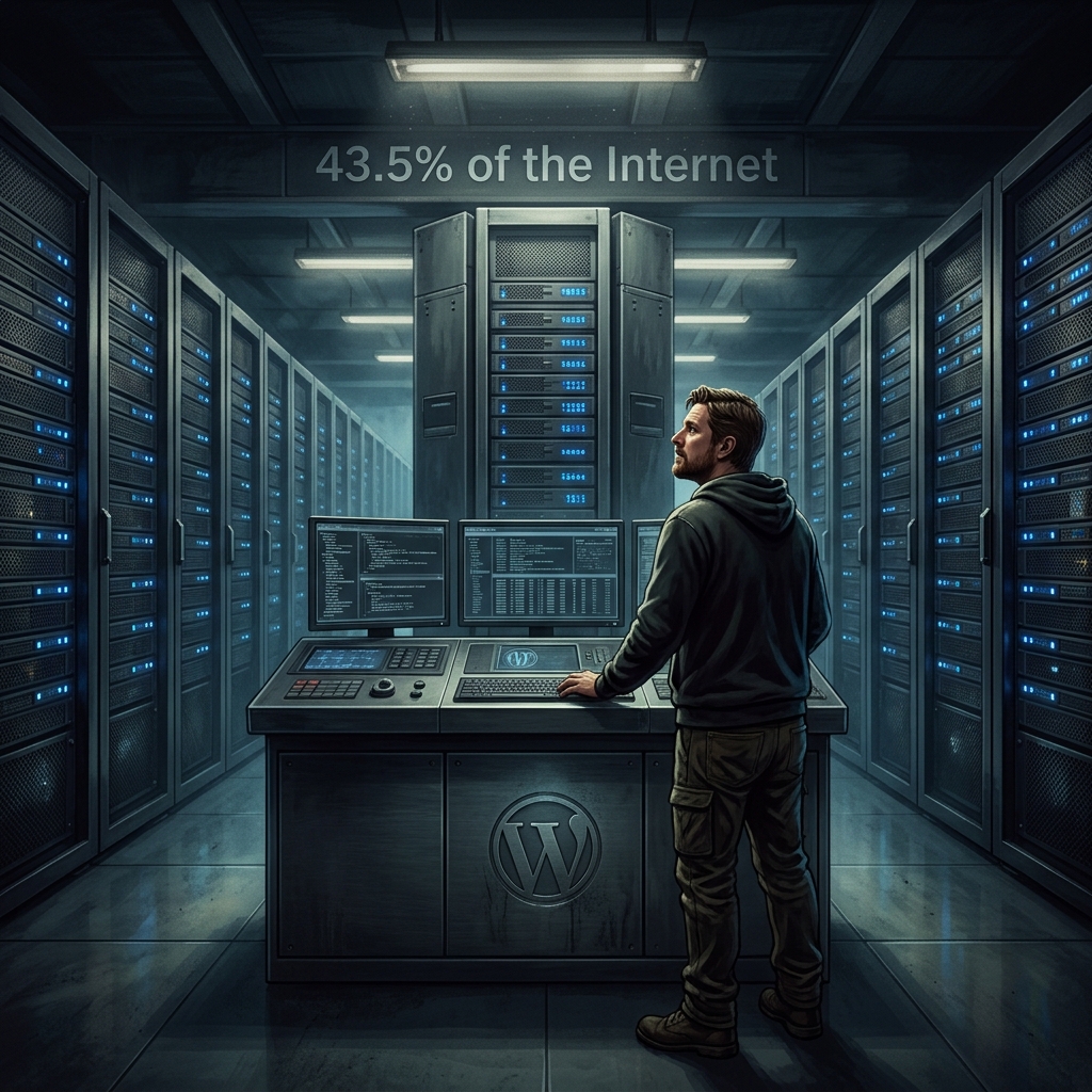 A lone figure at a WordPress server control panel — 43.5% of the Internet